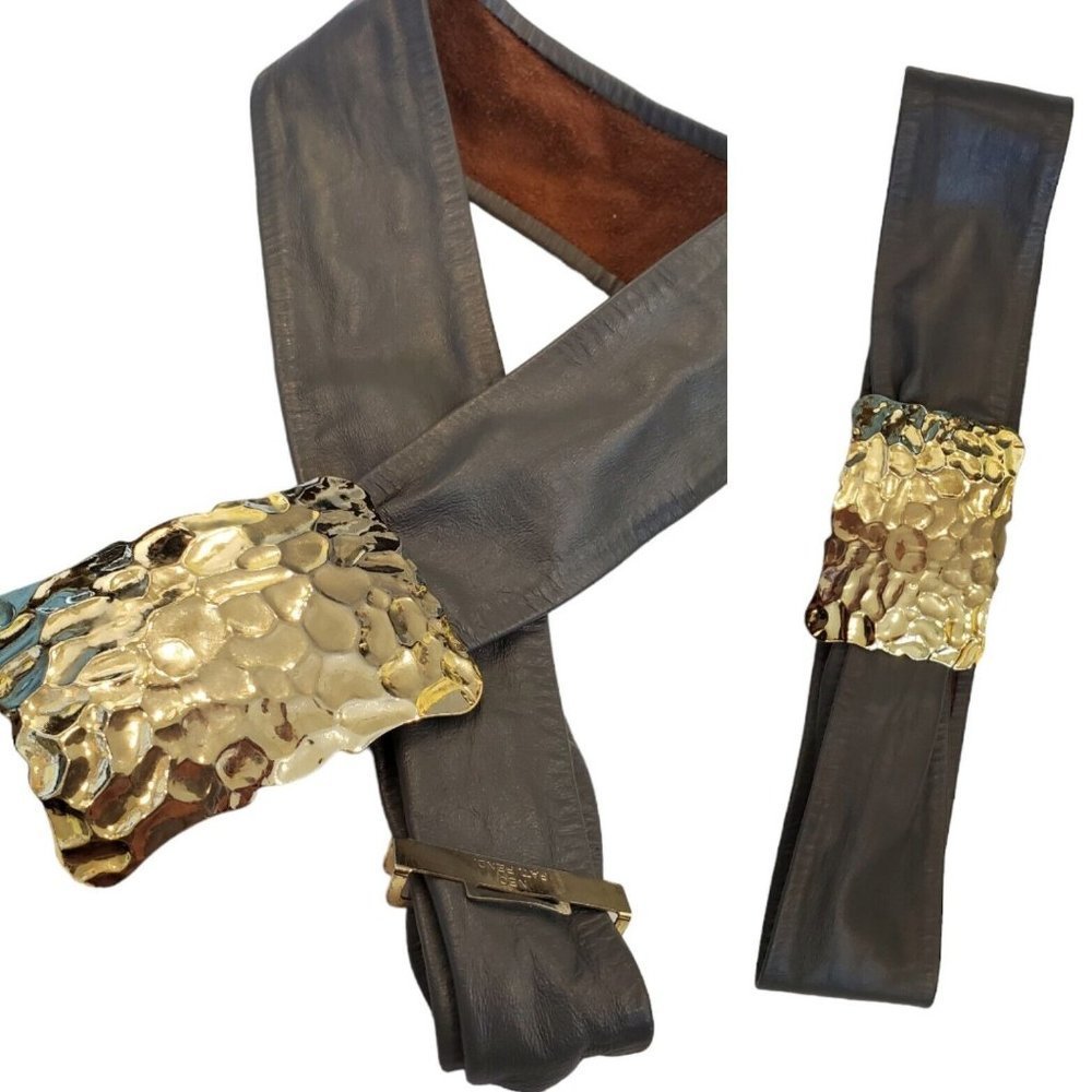 Vintage Black Leather Belt with Hammered Gold Plate